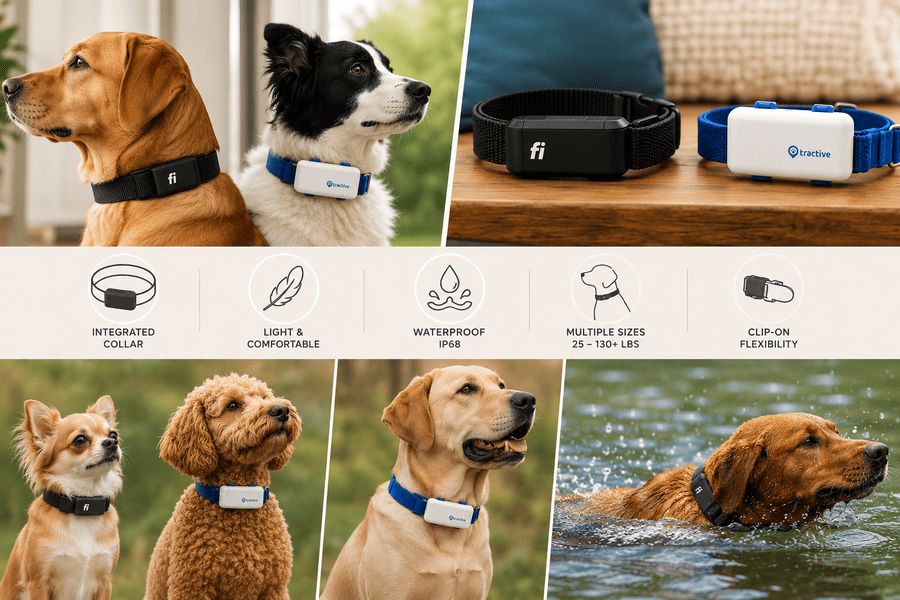 Dogs wearing Fi and Tractive GPS collars showing comfort, fit, waterproof durability, and collar size comparison for daily wear.